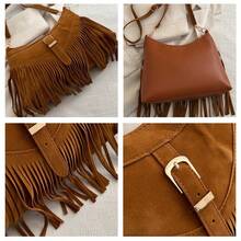 DAZY 1pc Fringed Decor Solid Color Suede/PU Leather Crossbody Bag, For Women Everyday Use - Coffee - View 10