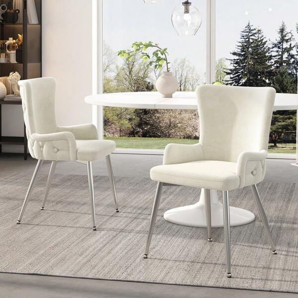 Samt-Esszimmerstuhl, 2er-Set, luxuriöser Wohnzimmer-Schlafzimmer-Loungesessel mit vier silberfarbenen Metallstützbeinen, Beige[OLD SKU:N634P184684B]