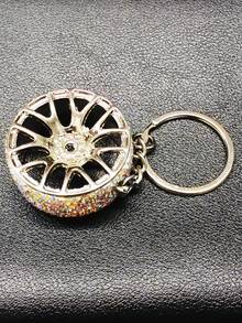 AD 1pc Bling Crystal Zinc Alloy Car Key Chain, Car Wheel Shaped Keychain Accessory - Multicolor - View 5