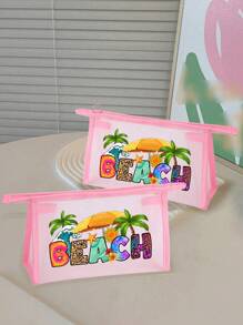 粉色网眼托特包和小包套装，带有海滩风格彩色字母印花设计，便携式化妆包和休闲收纳手提包，透明收纳包，护肤包，洗漱包，女士沙滩手提包，婚礼伴娘礼物，母亲礼物，生日礼物，送给朋友和老师的最佳礼物，浴室收纳盒，返校季和毕业季必备品，适合学生、返校和教师