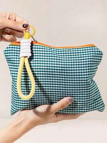 1pc Plaid Color Block Zipper Cosmetic Bag, Can Be Used As Makeup Organizer, Portable Travel Bag, Toiletry Bag, Travel Makeup Bag, Can Hold Makeup Brushes, Lipsticks, Skincare, Phones, Coins, Small Items, Ideal Gift For Christmas, Holidays
