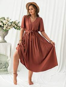 Rusttydustty Plus Size Solid Color V-Neck Short Sleeve Pleated Patchwork Casual Summer Dress - Burnt Orange - View 4