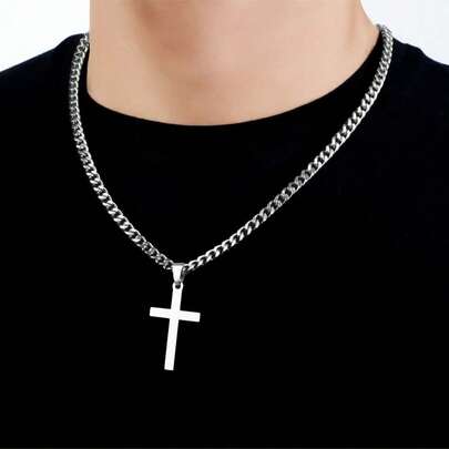 Men's Cross Pendant Necklace, Basic Style Stainless Steel Cross Necklace, Waterproof Non-Fading Jewelry, High-Quality Thin Chain Cross Pendant Necklace, Cuban Link Cross Necklace, Fashionable Stainless Steel Accessory, Gift For Him, Suitable For Daily Wear And Parties