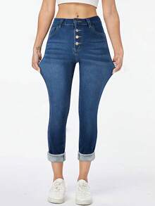 Winter Warm Thick Mid Waist Vintage Washed Elastic Skinny Jeans With Whisker Details Multiple Buttons - Blue - View 6