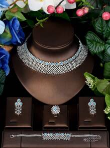 1 Set Vintage Cubic Zirconia Hollow Rhombus Turquoise Color Round Gemstone Jewelry Set, Suitable For Women To Wear On Vacation And Travel