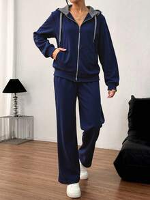 Conjunto  Compuesto Por Sudadera Con Capucha Y Cierre Y Pantalones Deportivo - Azul Marino - Ver 3