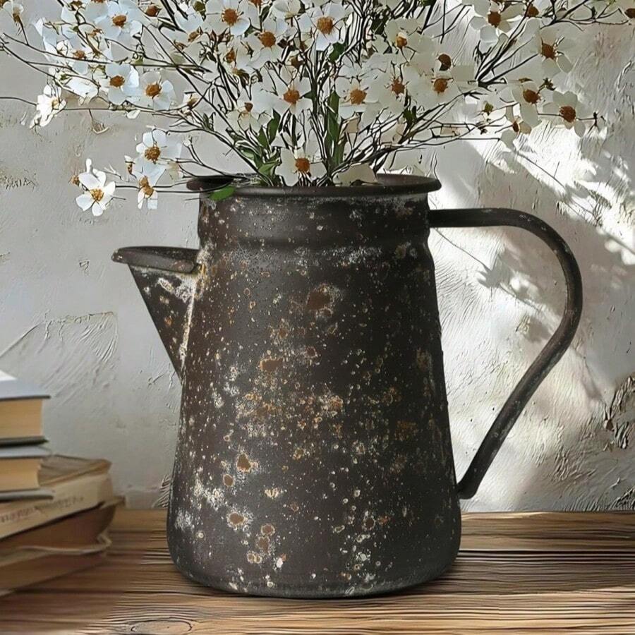 Z2 BellaDecor Vintage Pitcher Vase Rustic Farmhouse Vase For Flowers Vintage Metal Milk Jug Small Decorative Pitcher Shabby Chic Decor For Home, Kitchen, Bathroom, Gray