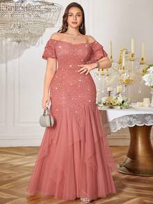 露肩荷叶袖亮片花卉蕾丝撞色网纱荷叶边下摆晚宴长裙、舞会礼服、婚礼宾客礼服、情人节礼服、夏季礼服、生日、返校节、毕业典礼、节日等场合适用 - 藕粉色 - 查看 4