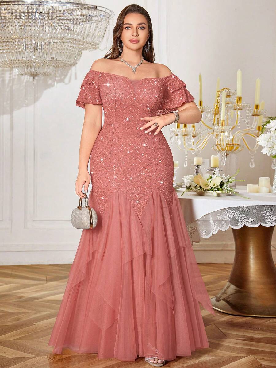 Plus Off Shoulder Ruffle Sleeve Sequin Floral Lace Contrast Mesh Ruffle Hem Evening Party Long Dress, Homecoming Dress, For Prom, Wedding Guest, Graduation - Bụi hồng - Xem 1