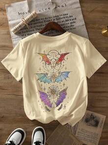 Velaris Fan Pattern T-Shirt, Summer And Spring Short Sleeved Round Neck Casual Top, Women's T-Shirt - 杏色 - 查看 2