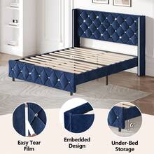 Twin/ Full/ Queen/ King Size Bed Frame, Upholstered Bed Frame With Diamond Headboard And Footboard, No Box Spring Needed With Wood Slat Support, Easy Assembly, Twin Bed Frame/  Full Bed Frame/ King Bed Frame, Black/ Pink/ White/ Purple/ Blue/ Green - 藍色 - 查看 5