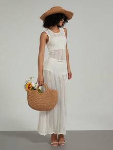 Vestido largo versátil de mujer de moda casual minimalista y elegante, adecuado para la temporada de regreso a clases/estilo vintage/comodidad casual/estilo de vacaciones/Estilo bohemio, con corbata en la cintura, diseño de malla jacquard hollow-out - Blanco - Ver 7