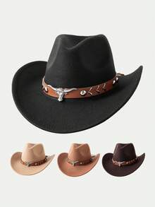 1Pc Western Cowboy Hat For Men Women Classic Roll Up Fedora Hat With Bull Buckle Belt - Style 2 - View 11
