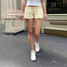 Womens Drawstring Shorts Casual Elastic Low Waist Solid Color Lounge Shorts Going Out Pants Minimalist Sporty - 黃色 - 查看 2