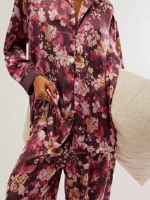 Womens Y2k Silk Pajame Sets Floral Print Long Sleeve Button Down Shirt Wide Leg Pants Satin Girly Western Pajames 2 Piece Loungewear - Màu tím - Xem 3