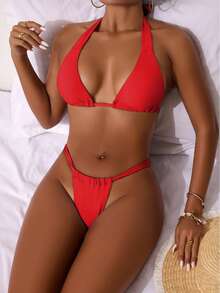 2pcs/Set Women's Sexy Ruched Lace Backless Beach Bikini For Summer Vacation - Red - View 2