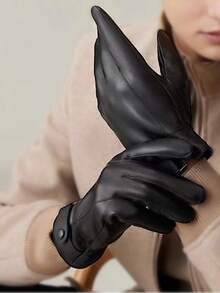 1 Pair Solid Color Casual PU Leather Men's Full Finger Touchscreen Gloves, Faux Sheepskin Faux Leather PU Gloves, Winter Riding Fashion Adult Gloves, Thermal Lined Waterproof Windproof Snow Gloves