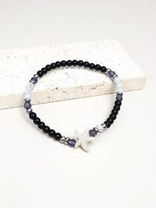 1 件简约波西米亚深色风格黑色玻璃珠、绿松石、海星弹性脚链和手链，适合女士日常佩戴和度假 - 彩色 - 查看 3