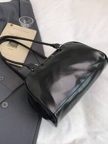 1个简约复古拉链手提包，带口袋，双提手，适合女士休闲和通勤日常使用 - 黑色 - 查看 8