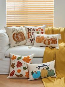 1 pieza Funda de almohada con hojas de arce de otoño y calabaza de 18 X 18 pulgadas, bordado 3D en capas de calabaza, funda de almohada de estilo granja en color beige para sofá, sillón, decoración de otoño, Halloween, Acción de Gracias, decoración de otoño, decoración de habitación, regreso a la escuela, útiles escolares