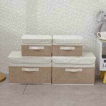 1pc Foldable Linen CD Storage Box, Collapsible Storage Bin With Lid, Toy Organizer Basket, Laundry Hamper - Khaki - View 10