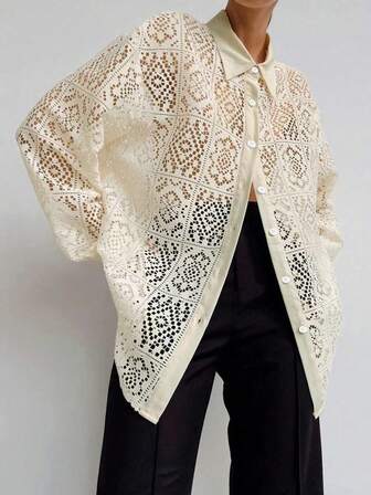 Camisa casual de manga larga con botones frontales huecos de unicolor para mujer, de verano