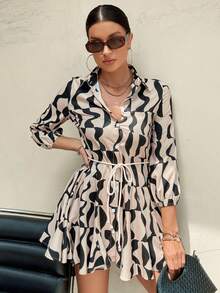 Elegante falda larga estampada estilo resort para mujer con cinturón y botones en la cintura delantera, casual, versátil y de moda, adecuada para el trabajo y la vida diaria. - Camel - Ver 3