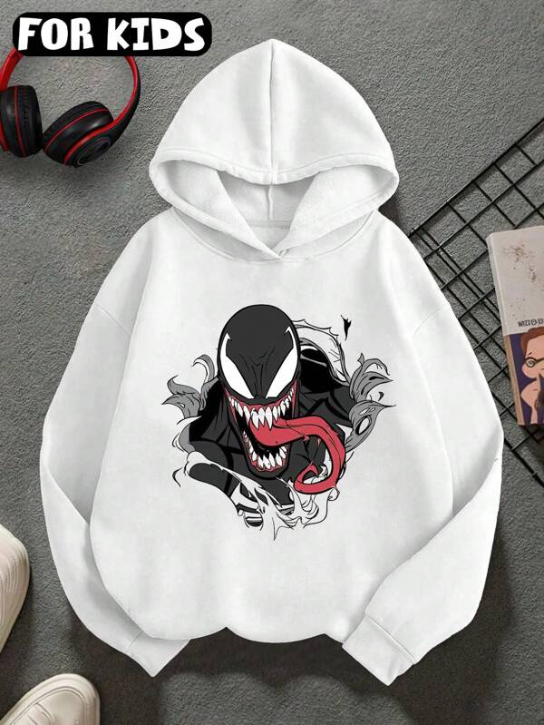 Marvel Sweat-shirt à capuche à manches longues et imprimé graphique Marvel pour garçons, filles et adolescents, décontracté, printemps/automne, couleur unie, coupe ample, épaules tombantes, blanc