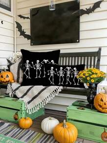 Spooky Halloween Skull Throw Pillow Cover - Zippered, Hand-Washable Polyester Cushion Case For Sofa & Bedroom Decor, 11.8x19.7in Or 17.7x17.7in - Perfect For Home & Party,Fall Decor,Autumn Decor,Room Decor