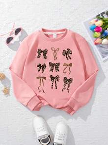 1 Stück Mädchen Y2K süßer Stil Schleifenprint Langarm-Sweatshirt, weich und bequem, tägliche Freizeitkleidung