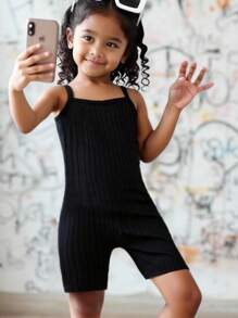 3 Stücke/Set einfarbiger gerippter Träger Jumpsuit Set für Kleine Mädchen