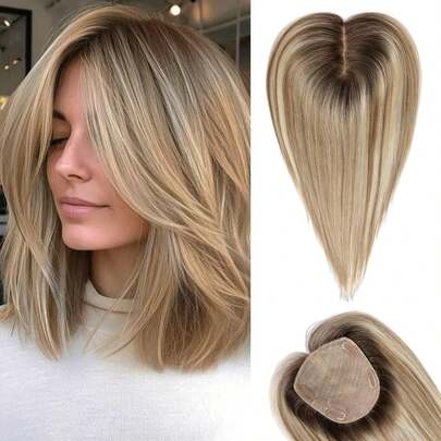 5 x 5.5 Postizos con Base Grande para Mujer, Pieza de Cabello Humano, 12 Pulgadas, Castaño Claro con Reflejos Rubios, Pieza 100% Cabello Humano