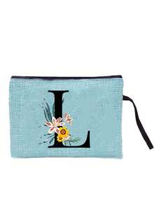 Sunflower & Daisy, Letter A-Z Print Blue Linen Tote Bag, Perfect Holiday Gift, Multifunctional Portable Handbag/Shoulder Bag, Fashion Minimalist Linen Bag, Large Capacity Storage Bag, Gift For Women, Teacher's Day Gift, Cosmetic Bag - Blue - View 63