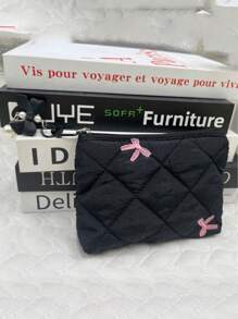 1 Piece Cute Ruffled Square Coin Purse With Bow Pattern Mini Lipstick Organizer Bag With Detachable Bow Pendant Portable Cosmetics Bag With Zipper Women's Makeup Storage Bag Soft Fabric Sanitary Napkin Organizer Bag Fashionable Clutch Pouch Wallet Small Items Storage Bag For Key, Earphone, Coin, Lipstick, Lip Oil, Card, Girls'Accessories College Vacation Cruise Summer Holiday Essentials Organizer Bag