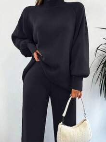 مجموعة كنزة صوفية بأكمام طويلة وبنطال طويل، خريف/شتاء، 2 قطعة