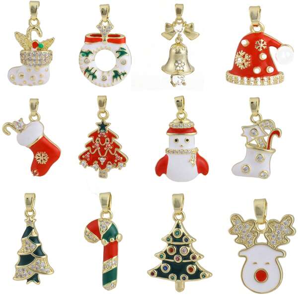 1 pièce Bas de Noël en cuivre, cloche de Noël, bonnet de Père Noël, pendentif bonhomme de neige. Accessoire DIY pour bracelet, collier, boucles d'oreilles, convient pour Noël, création de bijoux, artisanat, porte-clés, porte-clés pour femmes, animal, chapeau, chaussette, arbre