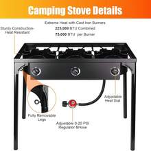 Outdoor Stove 3 Burners High Pressure Propane Gas Camp Stove With Detachable Legs, Perfect For Camping Patio, 225,000-BTU - 黑色 - 查看 7