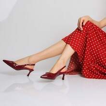 Burgundy Kitten Heels For Women Slingback Low Heels Pointed Closed Toe Pumps With Buckle Women's Pumps Shoes - Màu Đỏ Sâu - Xem 8