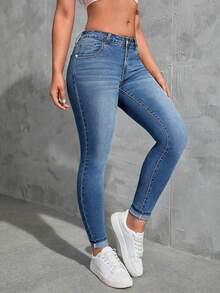Jeans Para Mujer Push Up De Cintura Alta Lavados, Vaqueros De Mezclilla Ajustados Casuales De Alta Elasticidad Para Mujeres - Azul lavado medio - Ver 1