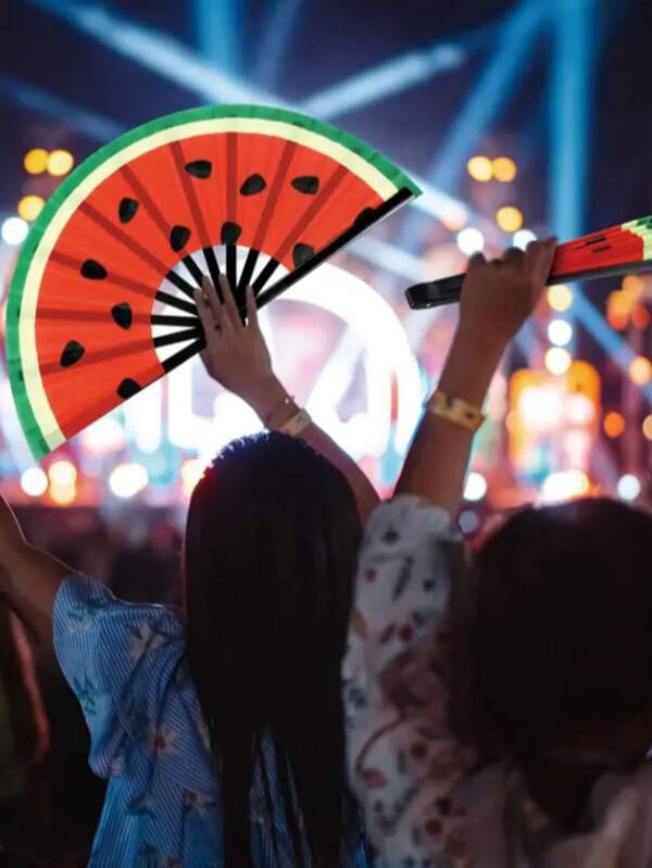 1pc Watermelon Folding Fan - Large Handheld Decorative And Practical, Bright Red And Green Stripes And Black Seed Patterns - Durable Plastic Material, Suitable For Festivals, Parties, Performances, Summer Gifts, Home Decoration