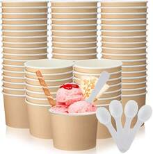Honeydak 300 Pack 5 Oz Kraft Paper Disposable Ice Cream Cups With Spoons Bulk Small Ice Cream Sundae Bowls Treat Dessert Snack Frozen Yogurt Soup Container Wedding Birthday Party Supplies(Brown,White) - 棕色,白色 - 查看 1