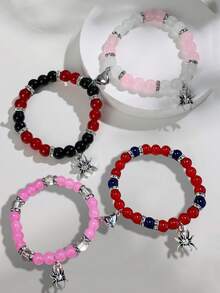 2Pairs Gothic Spider Charm Beaded Bracelets With Magnetic Heart Matching Design - Perfect For Couple Halloween Gift & Fashion Best Friend Hand Accessory ﻿ - Multicolor - View 1