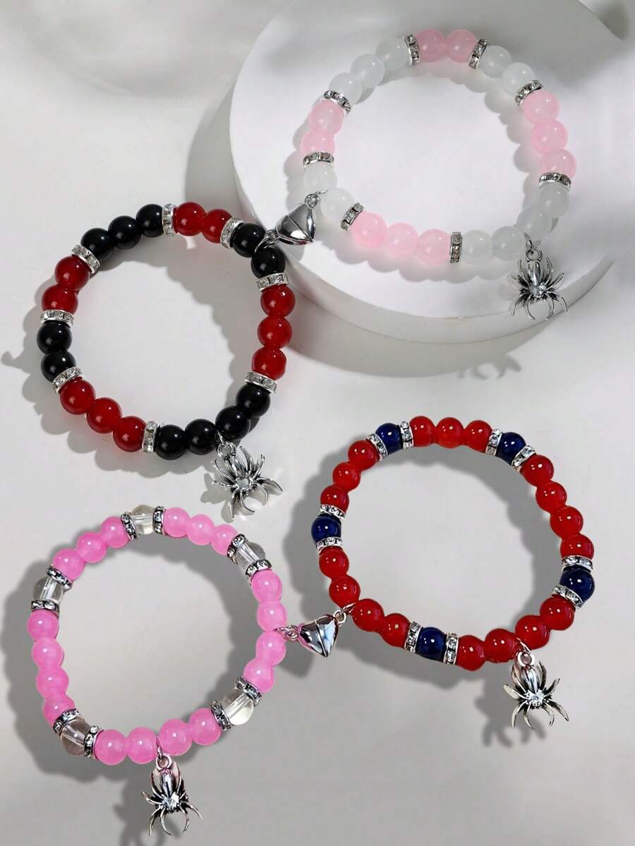 2Pairs Gothic Spider Charm Beaded Bracelets With Magnetic Heart Matching Design - Perfect For Couple Halloween Gift & Fashion Best Friend Hand Accessory ﻿ - Multicolor - View 1