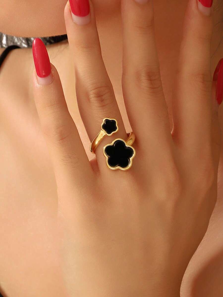 1 件甜美优雅金属开口戒指，适合女士，可调节，情人节礼物，妈妈，母亲，母亲节，礼物 - 黑色 - 查看 1