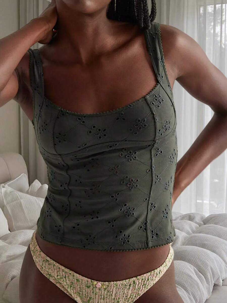 Women Summer Crop Tank Tops Y2k Eyelet Floral Square Neck Backless Vest Top Slim Fitted T Shirt Going Out Tops Tight Lace Up Camisole Beach Vacation Tops Streetwear Aesthetic Clothes - Màu xanh lá cây đậm - Xem 1