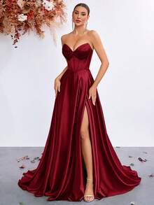 ADYCE Robe maxi élégante sans bretelles à encolure en V, taille haute, fendue dans le dos avec nœud, convient pour les bals, le Nouvel An et autres occasions