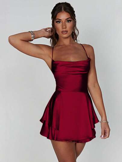 1pc Sexy Satin Backless Tie Strap Pleated Dress, Suitable For Bar, Party, Home, Elegant European & American Cross-Border Hot Selling Item Summer