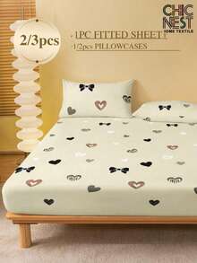 2/3 件卡其色心形爱心蝴蝶结图案床笠套装（1 件床笠+1/2 个枕套）、床垫保护套、床垫罩、床单套装、柔软透气、适合所有尺寸的床 - 单人床、双人床、特大号床、大号床单深口袋最大可达 11.8 英寸家纺背部学校床上用品宿舍床上用品套装
