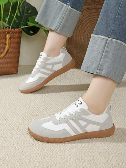 女士多功能时尚休闲鞋，平底系带圆头橡胶底休闲运动鞋，黑卡其色拼接，日常百搭鞋，休闲鞋尺码36-41，时尚百搭，白灰色