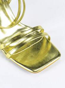Gold Strap Square Toe High Heel Sandals, Strap Design, Sexy & Lightweight High Heel Sandals, Suitable For Commuting, Shopping, Night Out, Fashion Party